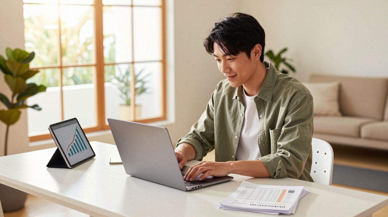 Homem jovem trabalhando em laptop, com tablet mostrando gráfico e papéis de análise em mesa branca.