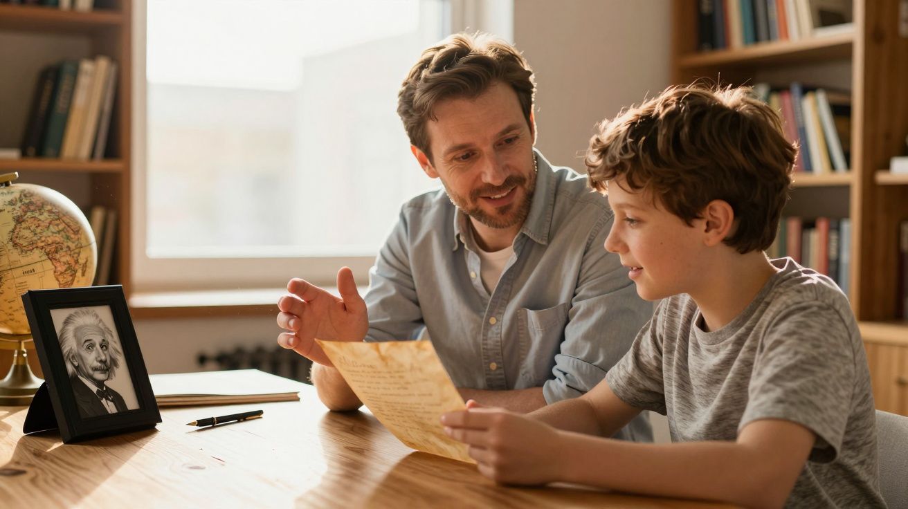 Pai e filho sentados à mesa, conversando enquanto seguram um papel antigo em uma sala com livros.