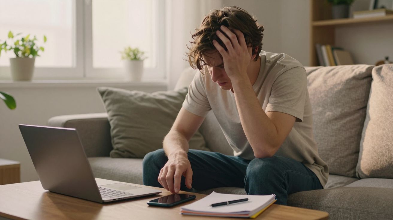 Jovem sentado no sofá com expressão preocupada olhando para celular, ao lado laptop e caderno sobre a mesa.