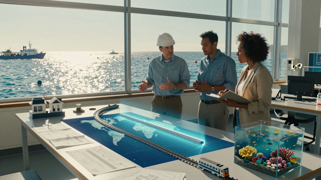 Três profissionais discutem projeto ferroviário holográfico próximo ao mar em escritório com aquário e maquete.