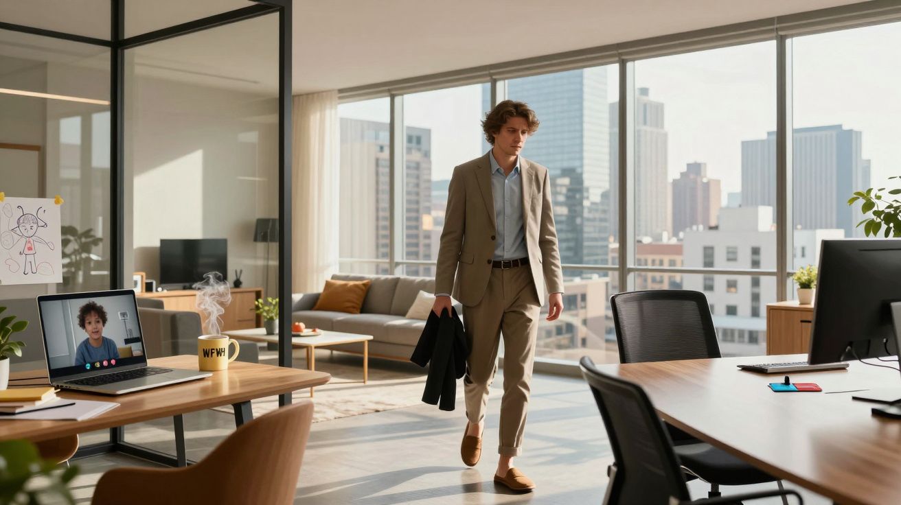 Homem caminhando em escritório moderno com vista para cidade e laptop com chamada de vídeo em andamento.