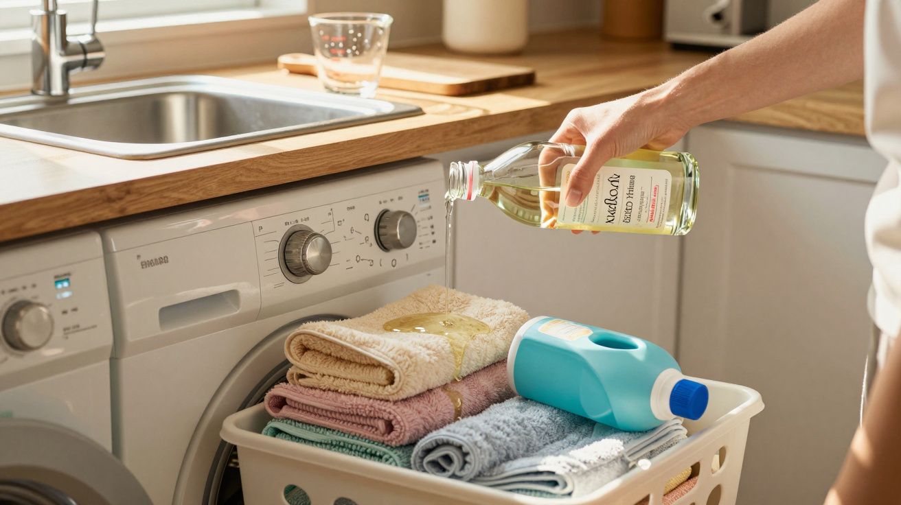 Pessoa despejando produto de limpeza em cesto com roupas em lavanderia com máquina e pia ao fundo.