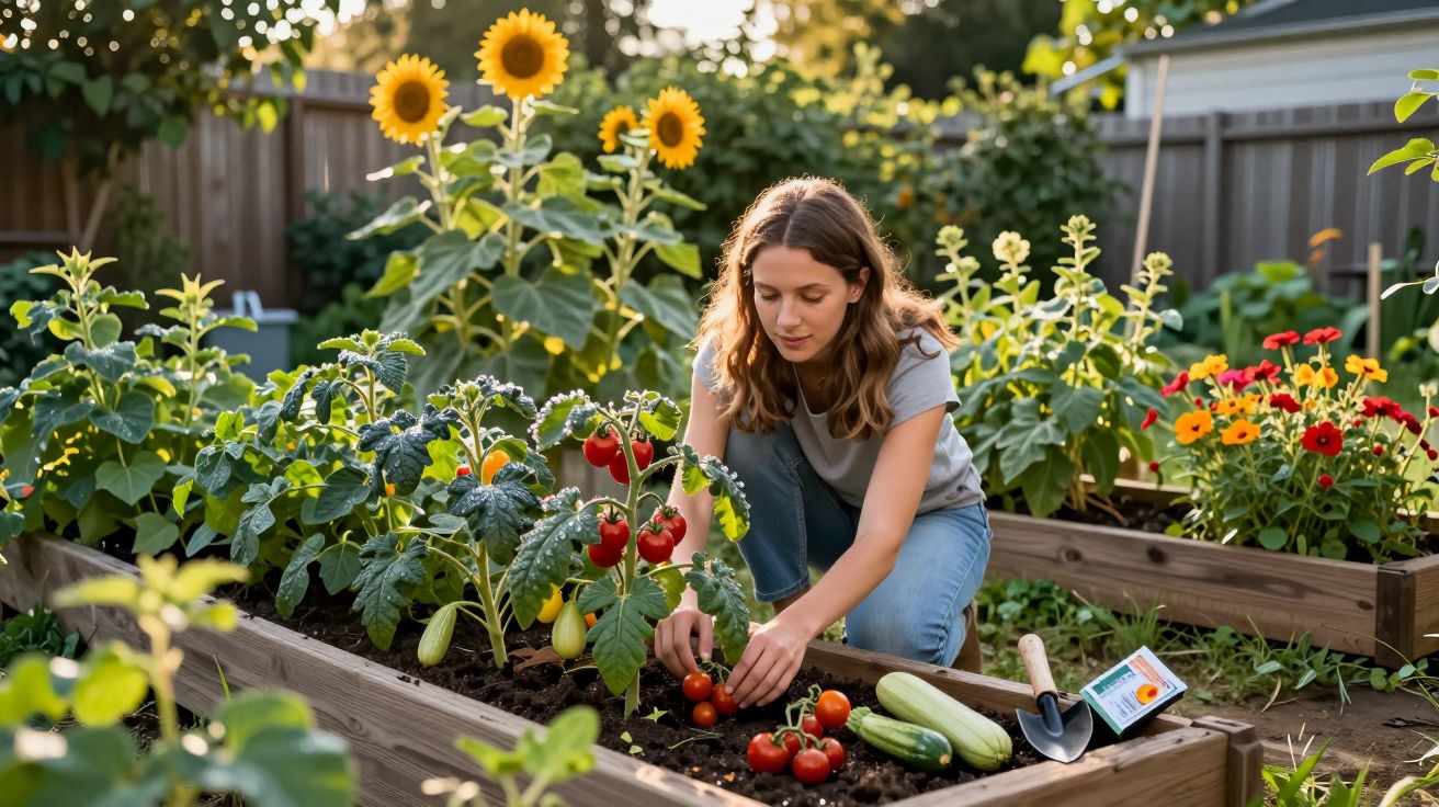 Mulher colhendo tomates em horta com girassóis e flores ao fundo em jardim ensolarado.