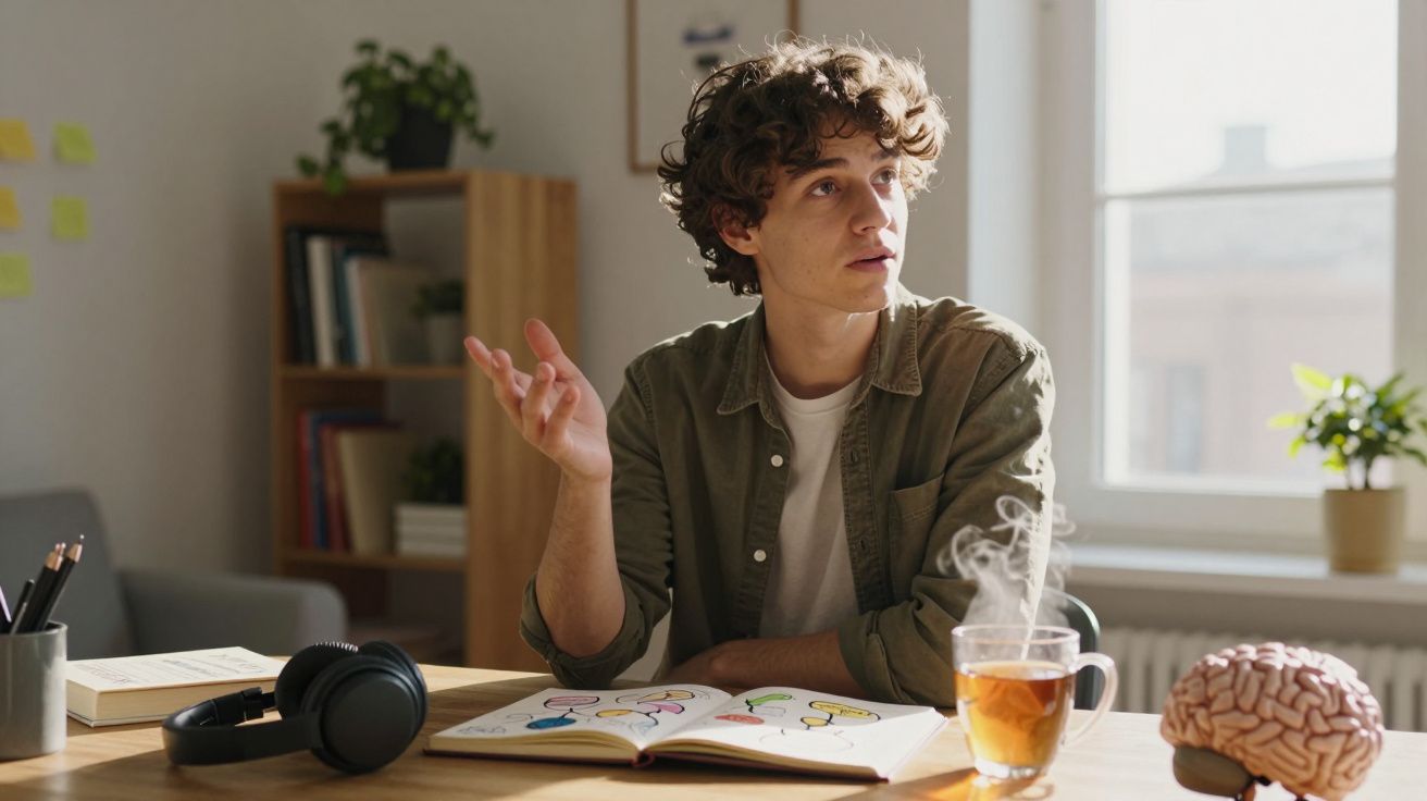 Jovem sentado à mesa estudando com livro aberto, chá quente e modelo de cérebro em ambiente iluminado.