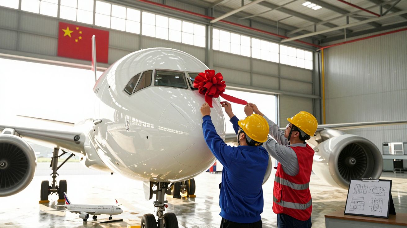 Dois trabalhadores com capacetes decoram a frente de um avião branco em hangar com laço vermelho.