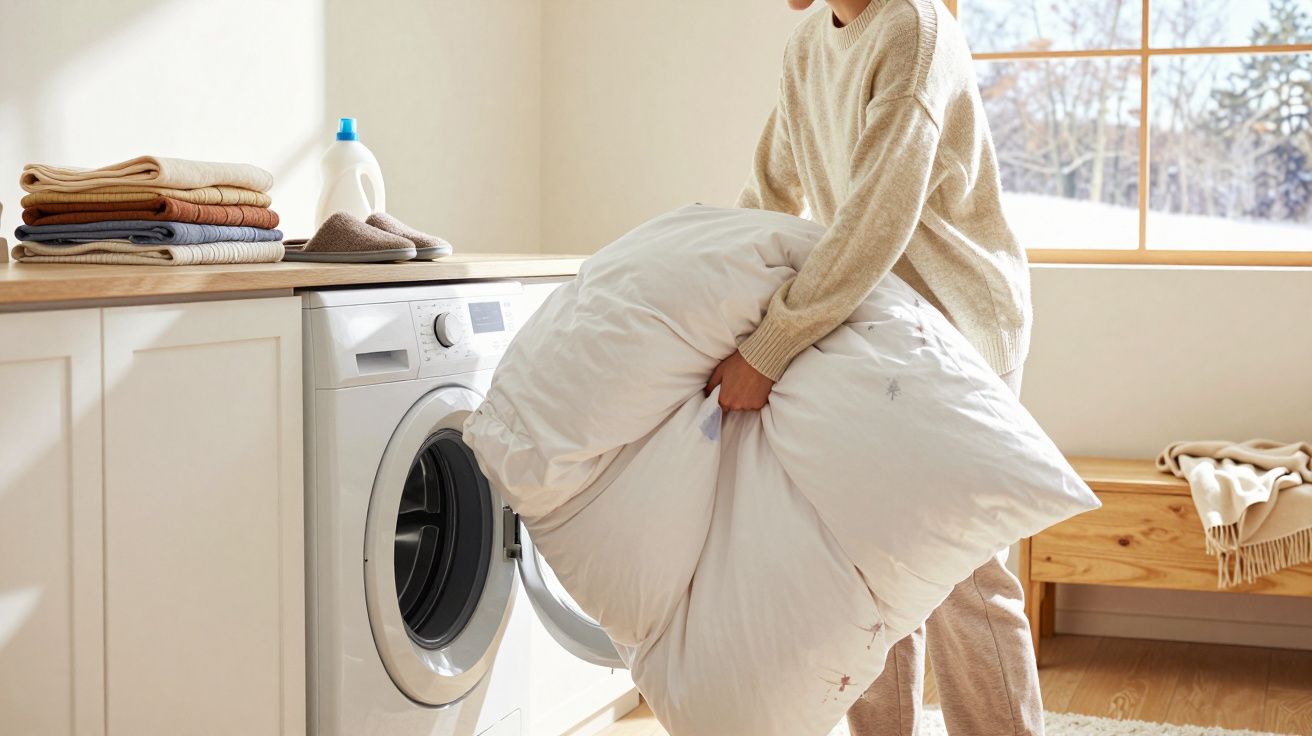 Pessoa segurando edredom para lavar roupa em lavanderia iluminada e organizada com vaso e roupa dobrada.