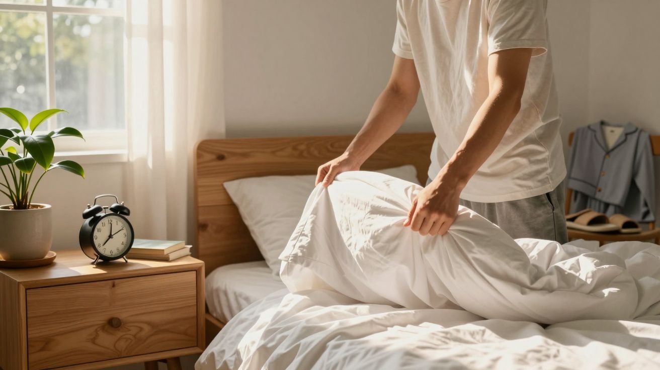 Pessoa arrumando a cama com lençóis brancos em um quarto iluminado pela manhã.