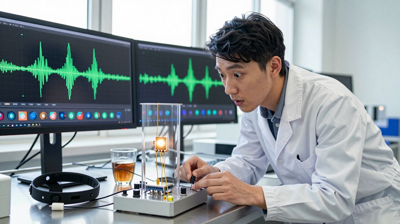 Homem em jaleco branco ajusta equipamento eletrônico com ondas sonoras em dois monitores ao fundo.