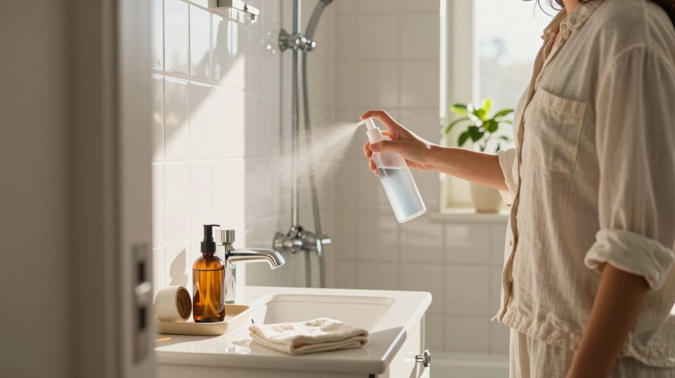 Pessoa aplicando spray em pia de banheiro claro e organizado com iluminação natural.