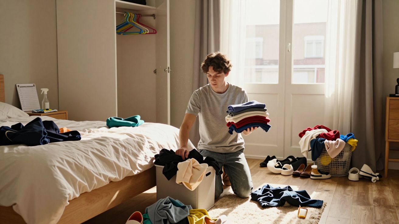 Jovem organiza roupas dobradas em caixa dentro de quarto claro com janela grande ao fundo.