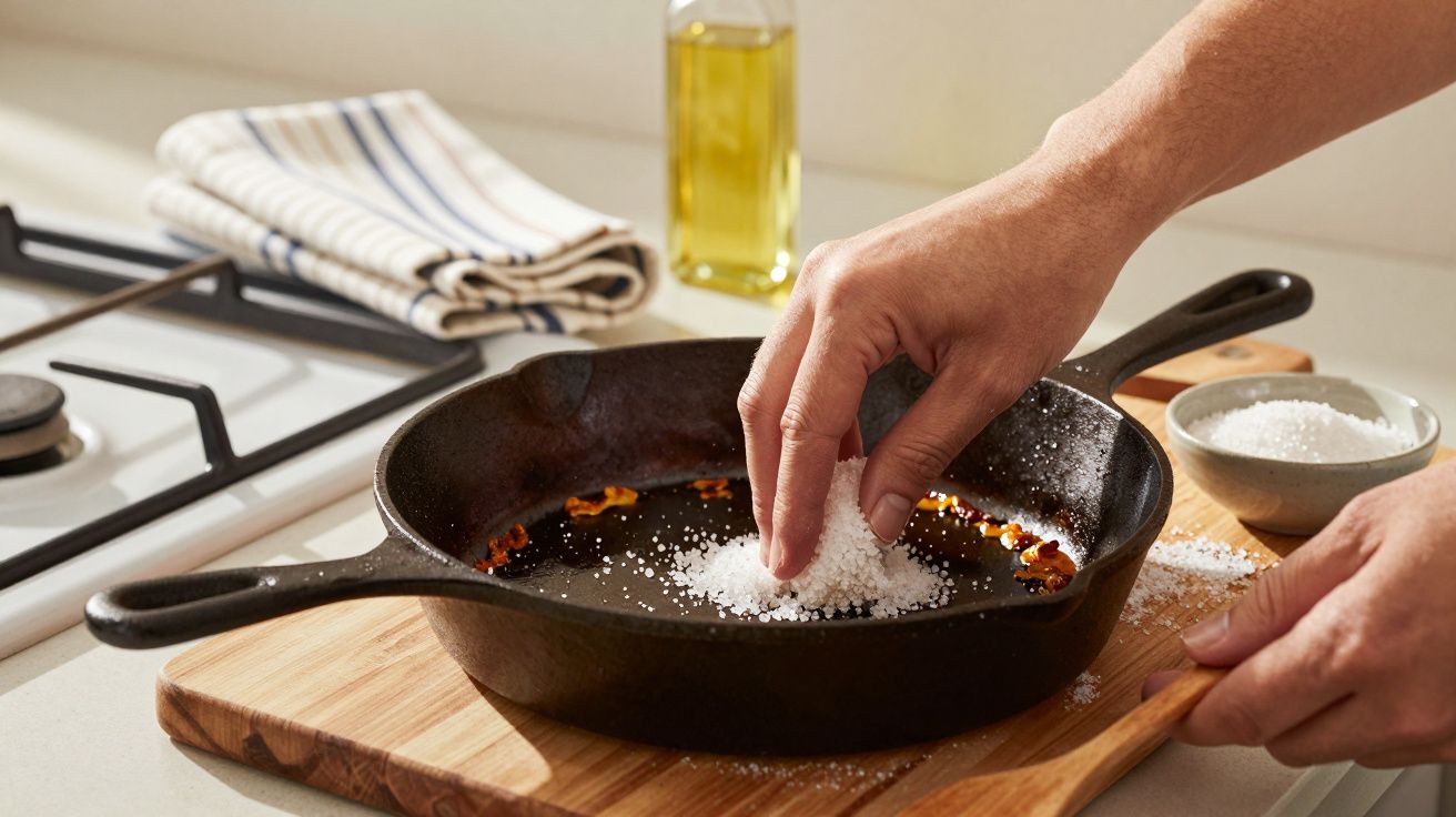 Mãos espalham sal grosso em frigideira de ferro sobre tábua de madeira na cozinha.