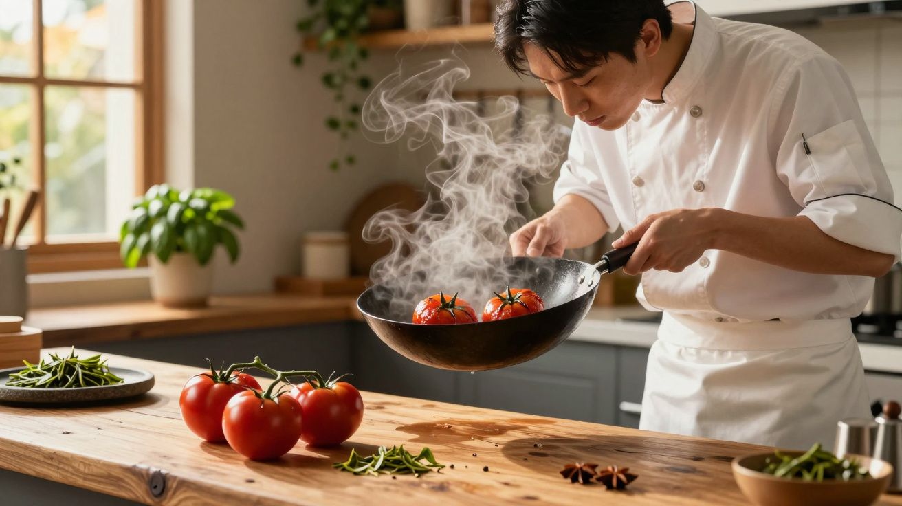 Chef asiático cozinhando tomates em frigideira com vapor em cozinha iluminada por janela, com legumes na bancada.