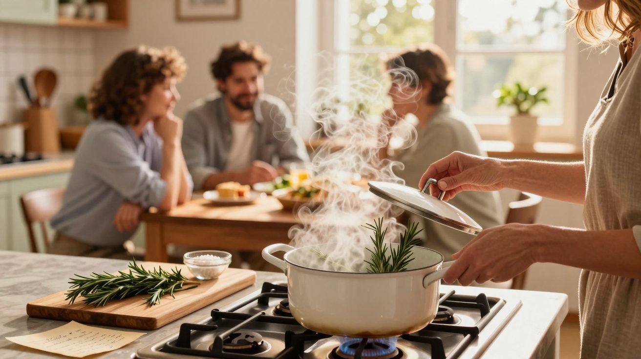 Pessoa abrindo panela com ervas aromáticas na cozinha enquanto três pessoas conversam ao fundo.