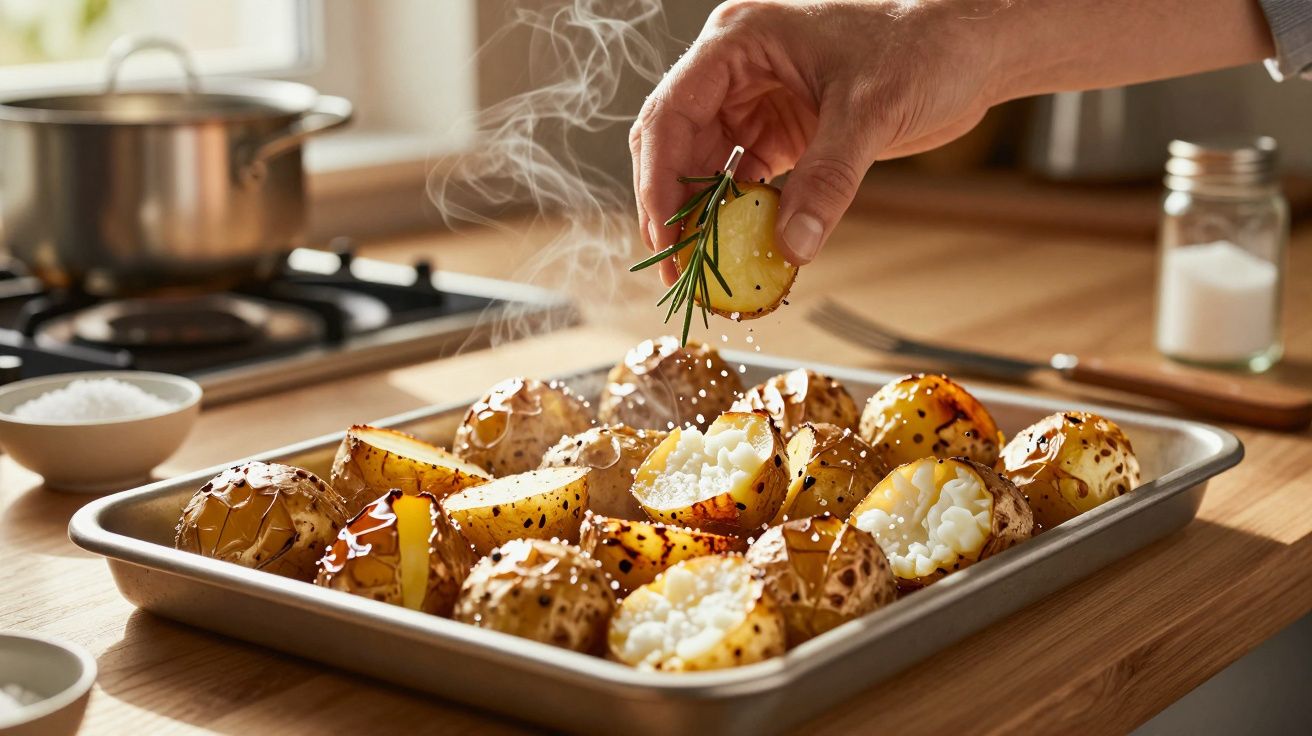 Mão colocando batatas assadas em assadeira com temperos, em cozinha iluminada pelo sol.