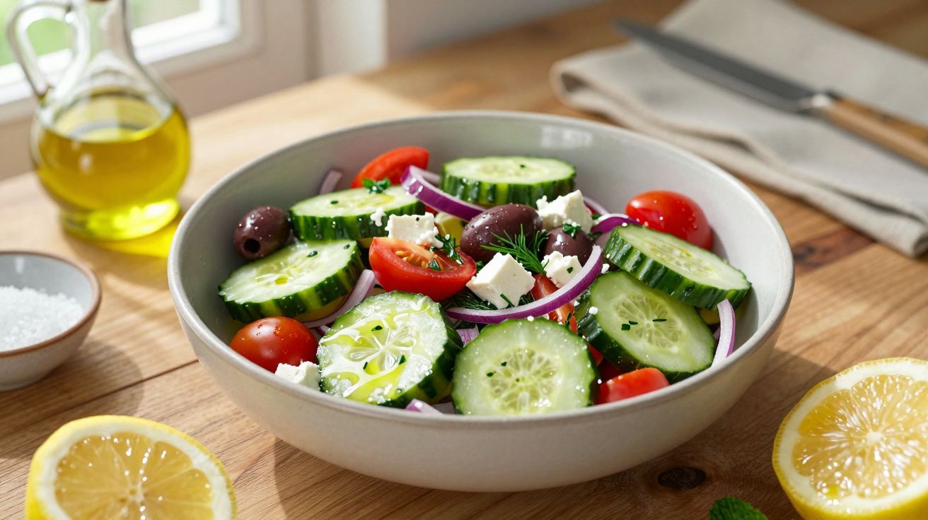 Salada grega em prato com pepino, tomate, cebola roxa, azeitonas, queijo feta, limão e azeite na mesa de madeira.
