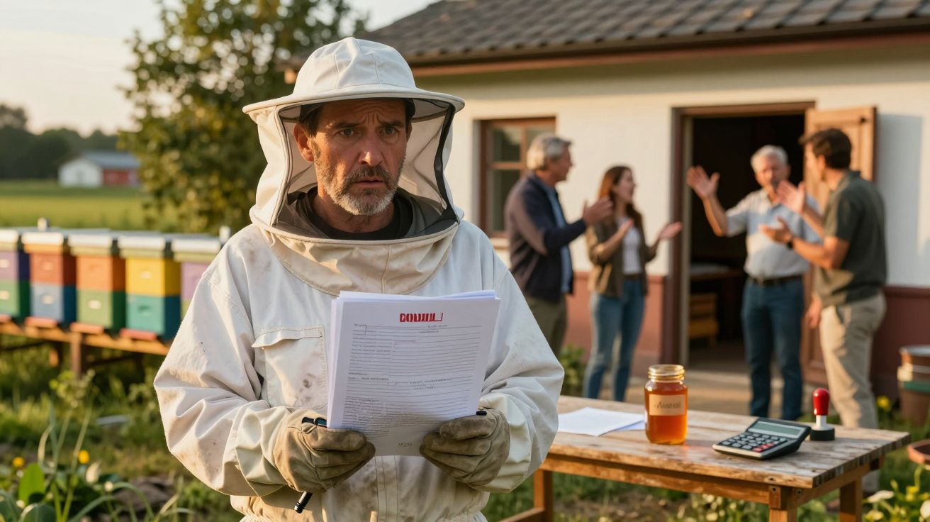 Apicultor com roupa protetora segurando documentos em área externa com colmeias e pessoas ao fundo conversando.