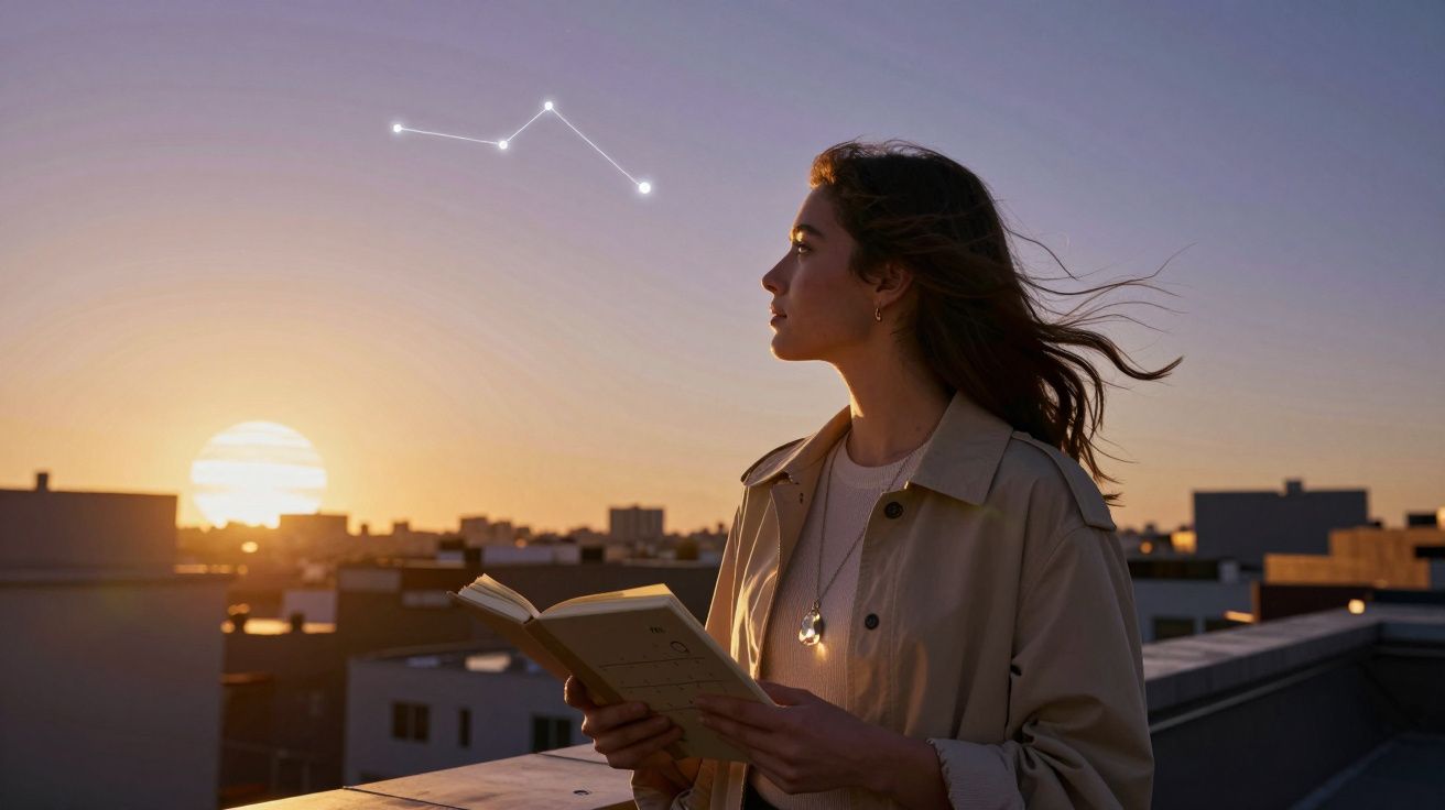 Mulher lendo livro ao pôr do sol no terraço com constelação Ilustrada no céu.