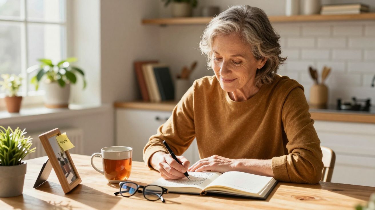 Mulher idosa escrevendo em caderno na cozinha, com xícara de chá e óculos na mesa.
