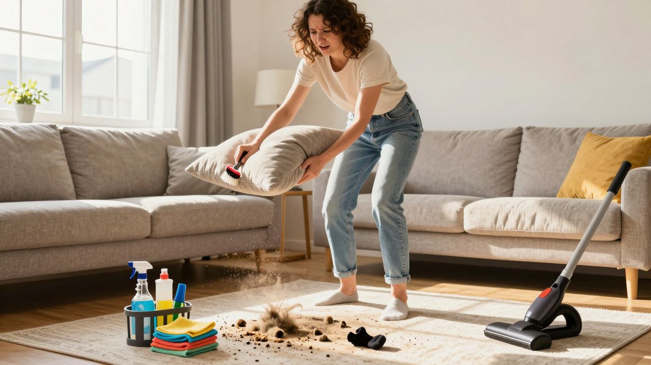 Mulher limpando sujeira do sofá sobre tapete claro em sala iluminada por janela grande.