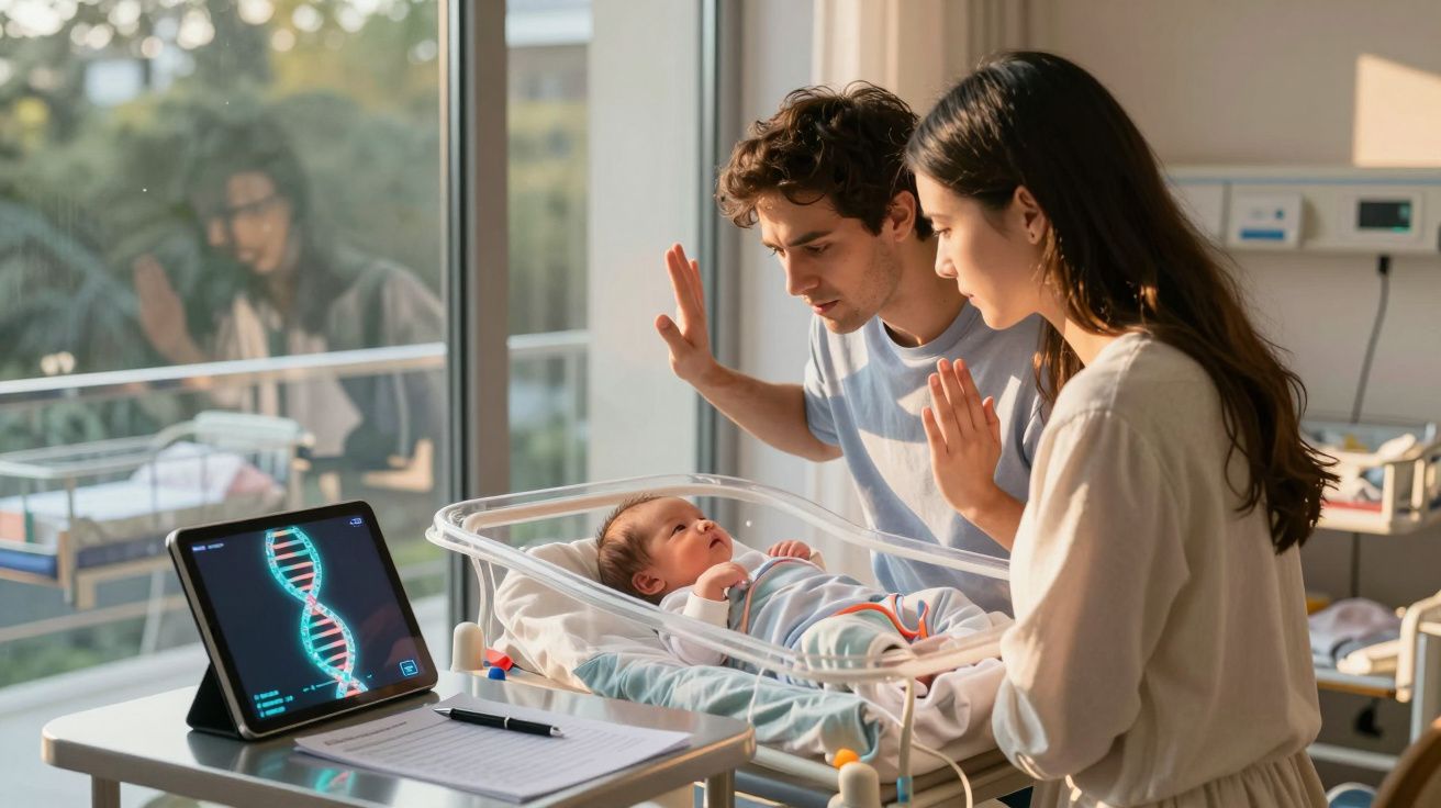 Pais olhando e acenando para recém-nascido em berço no hospital com tela de DNA digital ao lado.