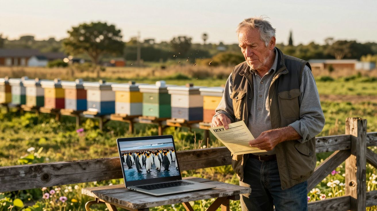 Idoso observa documento ao lado de computador em mesa ao ar livre com colmeias ao fundo.