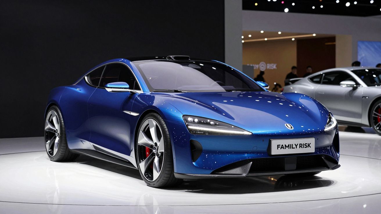 Carro esportivo azul metálico exibido em salão com placa personalizada Family Risk.