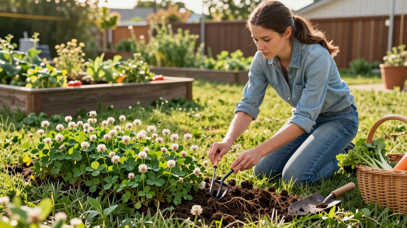 Mulher vestindo jeans e camisa azul cuidando do jardim, cultivando plantas em área residencial.