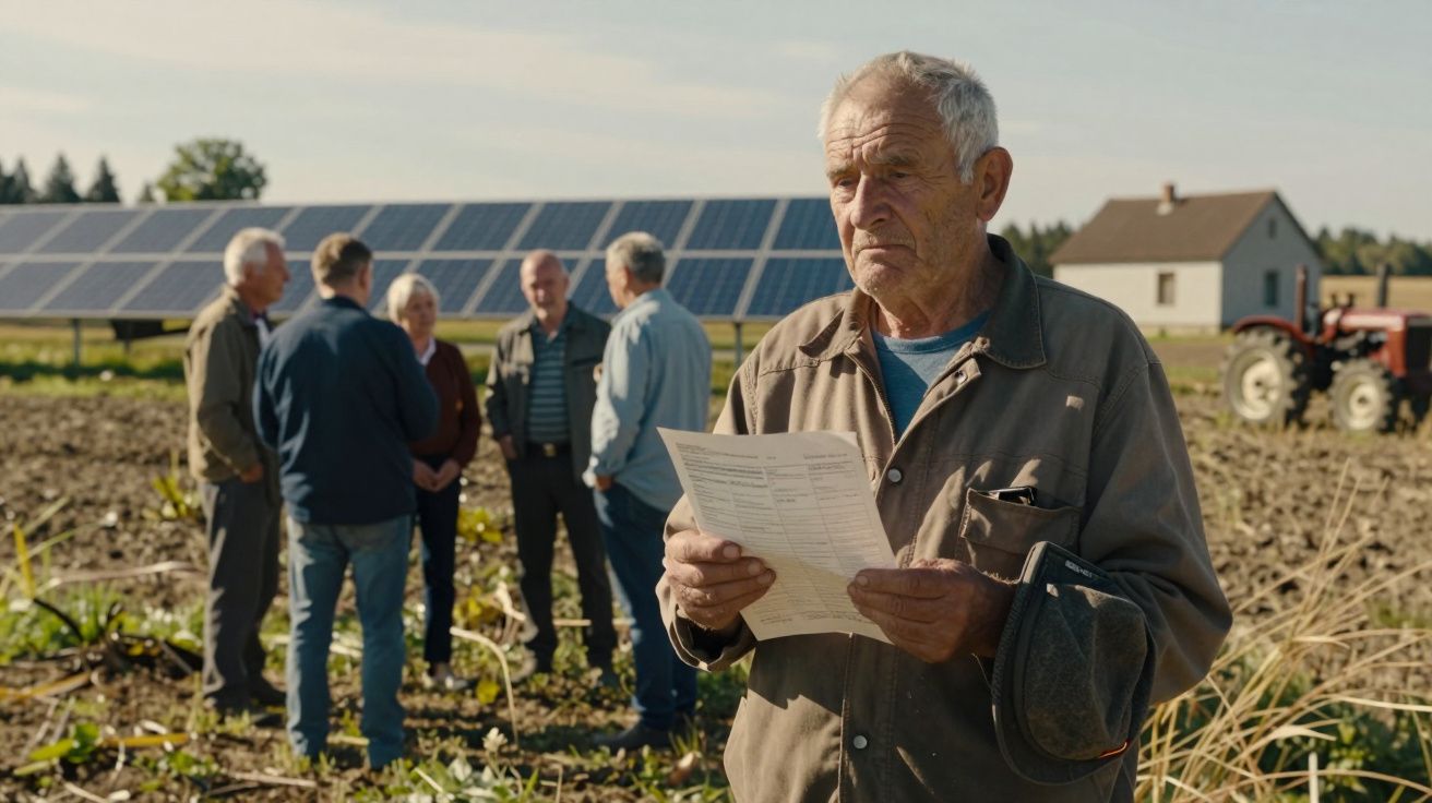 Idoso segurando papel em plantação, com grupo de pessoas e painéis solares ao fundo em área rural.