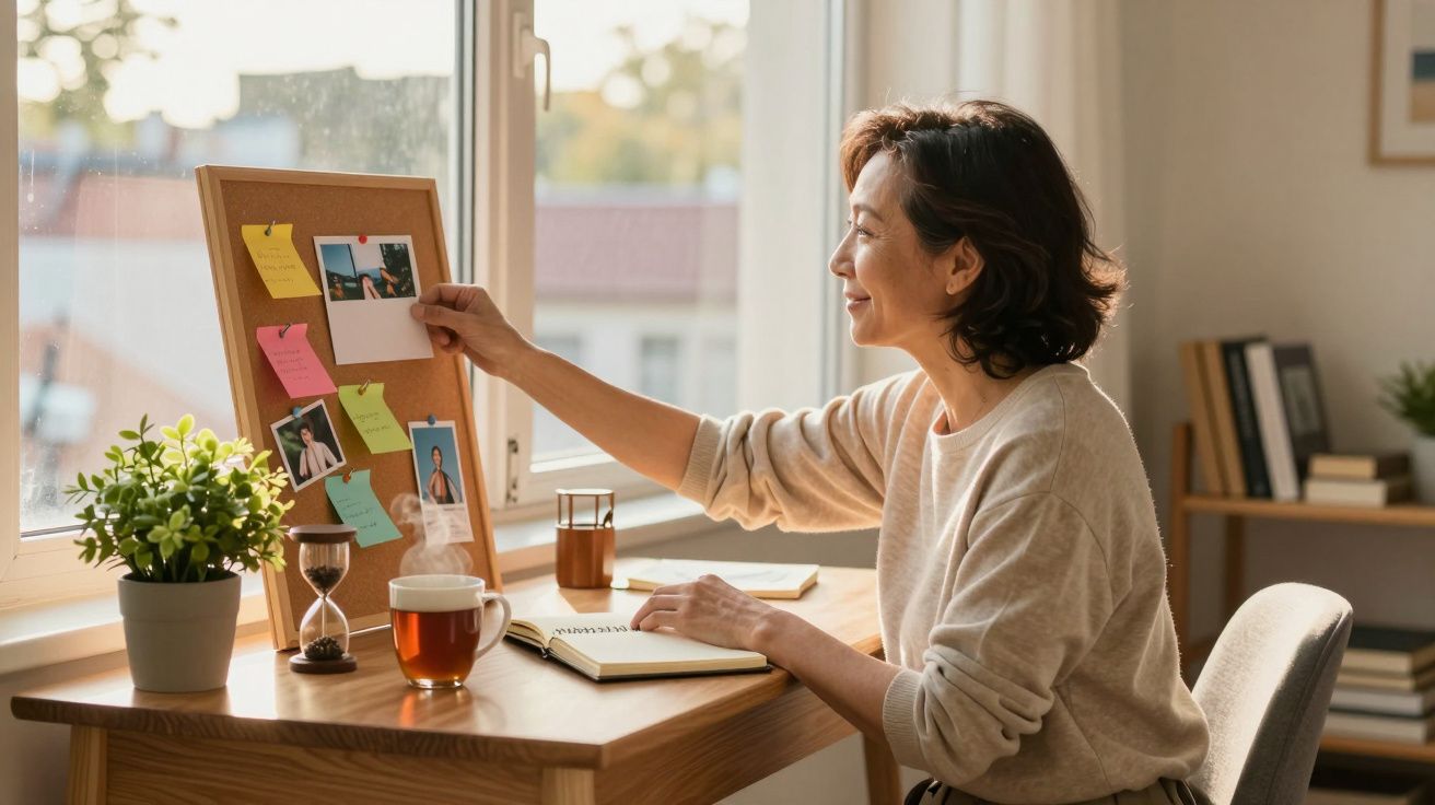 Mulher sorrindo organiza fotos e lembretes em quadro de avisos em mesa perto da janela ensolarada.