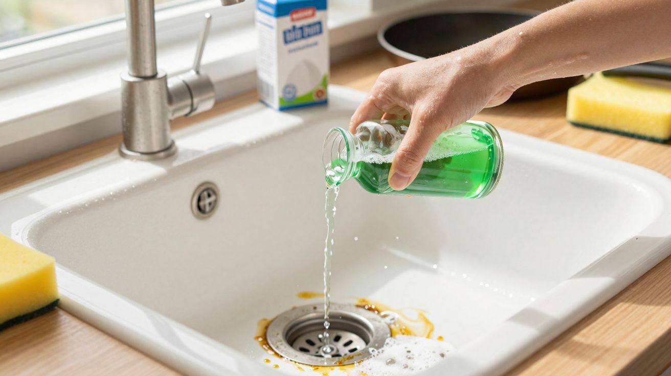 Pessoa despejando detergente verde em pia branca com resíduos de comida e esponjas amarelas ao redor