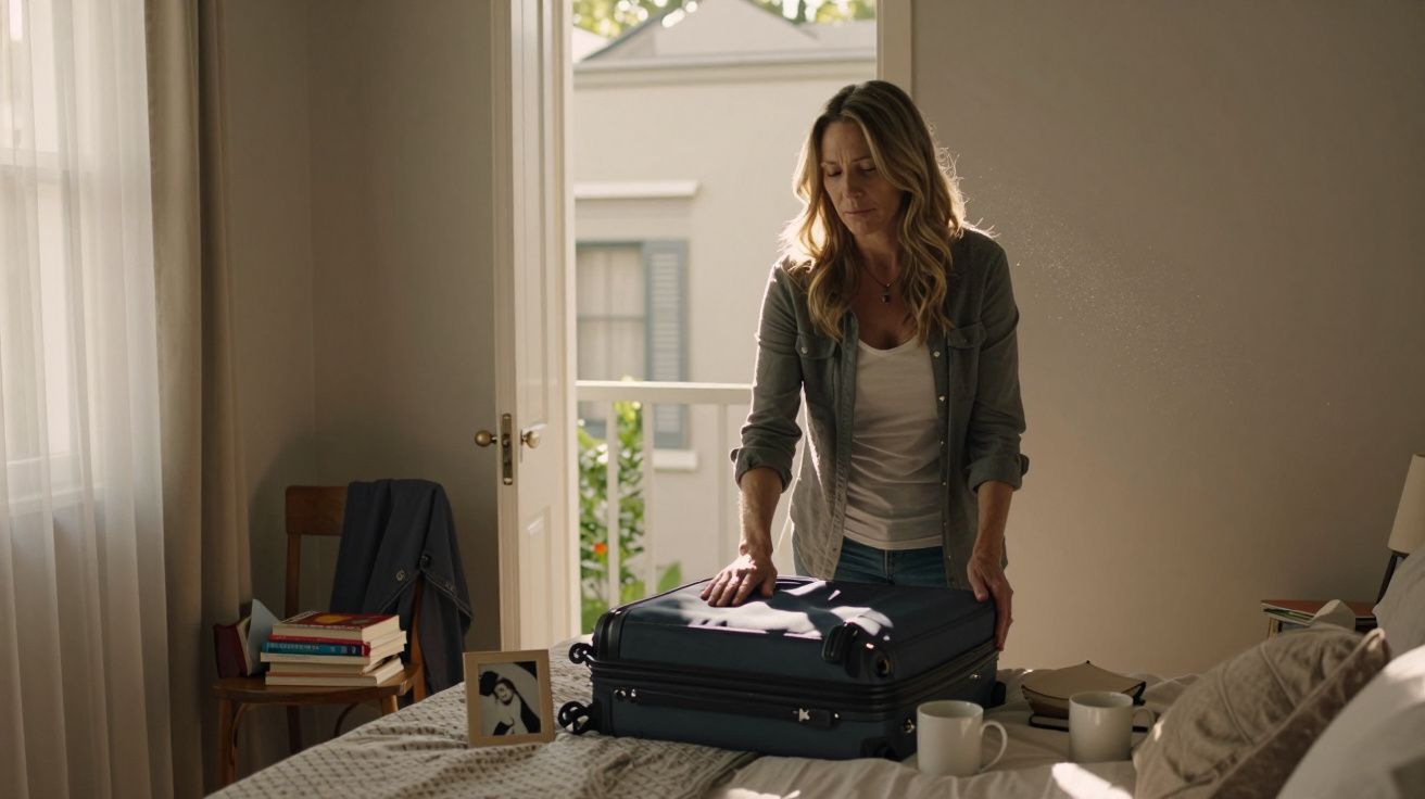 Mulher abrindo mala em quarto iluminado, com livros e xícara sobre a cama.