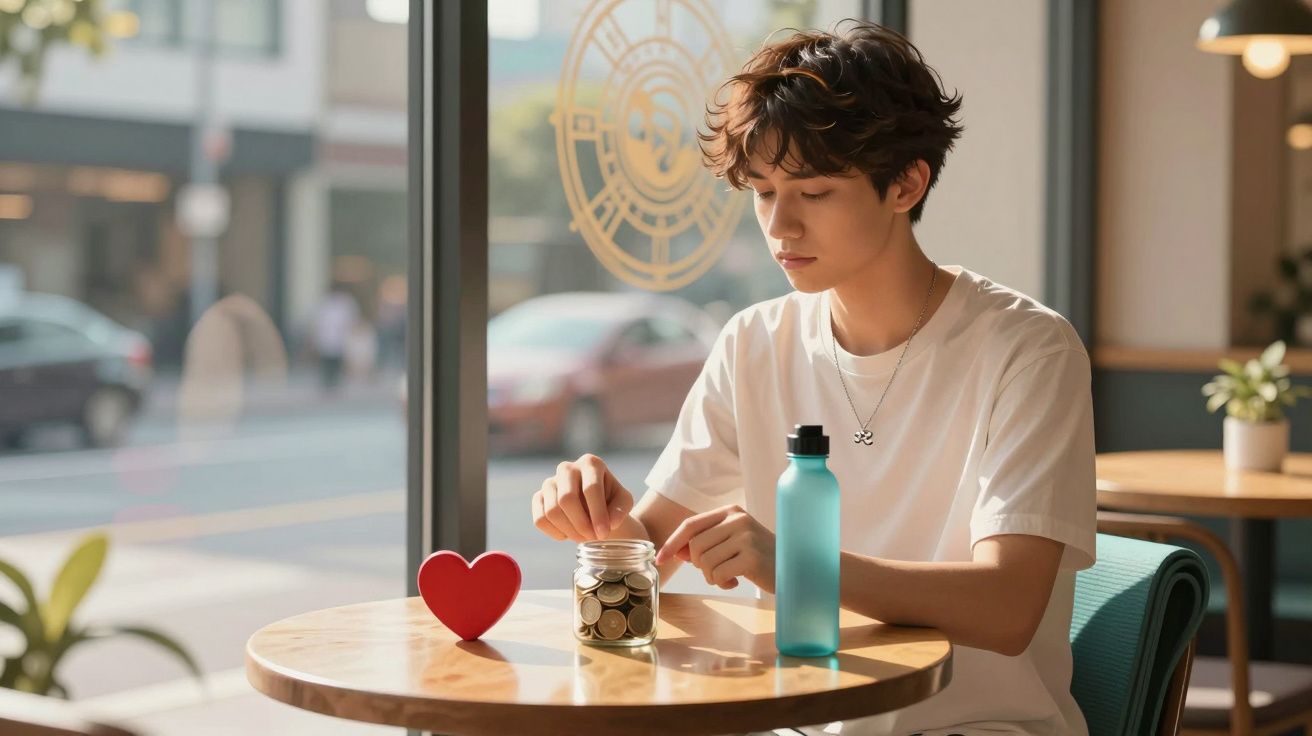 Jovem sentado em café, colocando moedas em pote ao lado de coração vermelho decorativo na mesa.