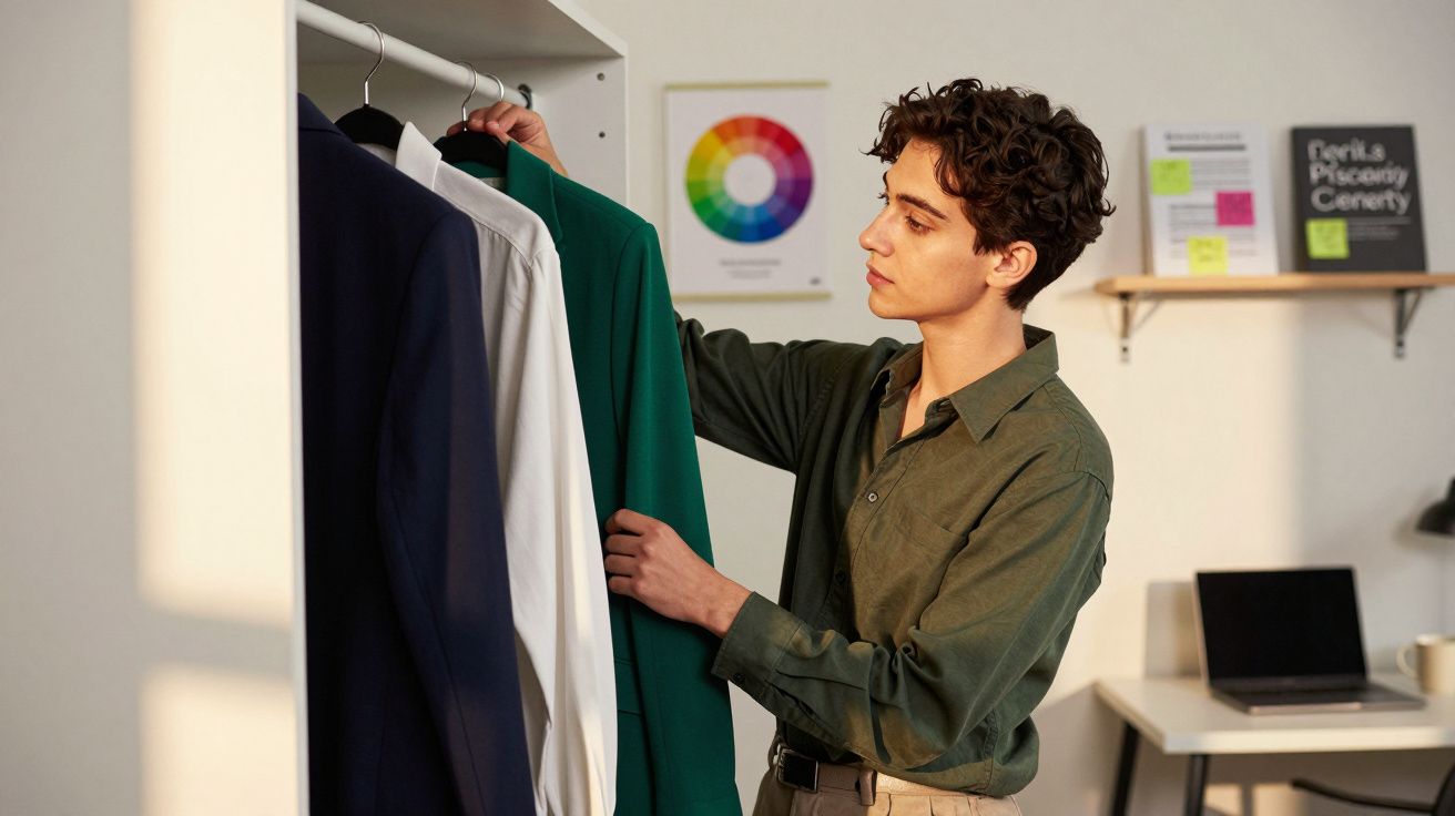 Pessoa olhando roupas penduradas em um armário dentro de um ambiente de trabalho.