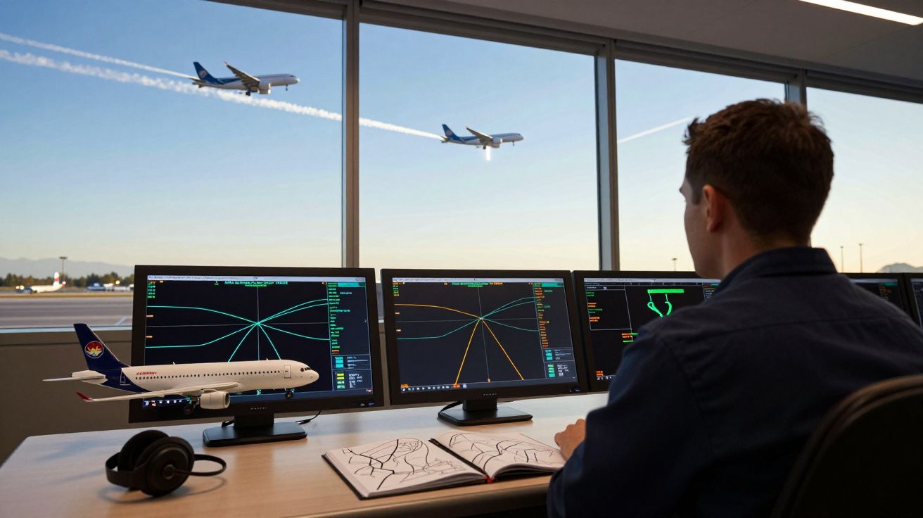 Homem monitora sistemas de controle de voo em telas com aeronaves visíveis pela janela do aeroporto.