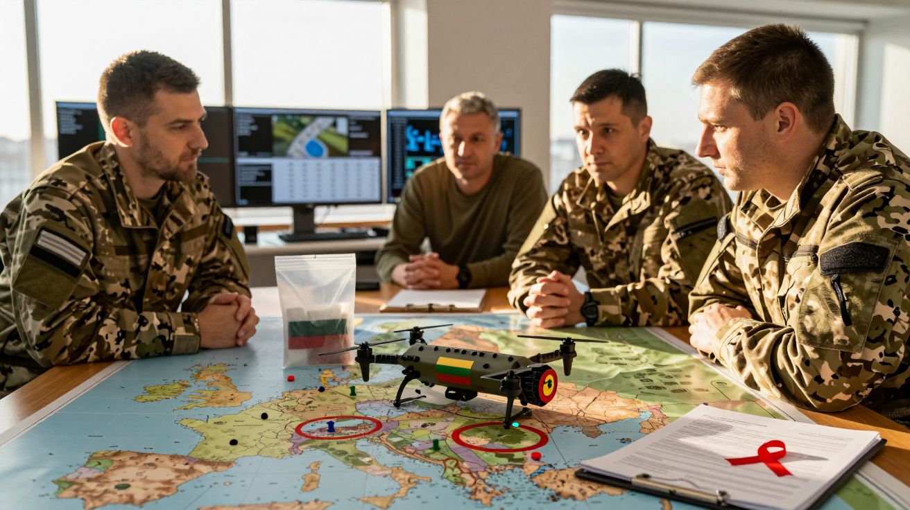 Quatro homens em uniformes militares analisam mapa estratégico na mesa com drone e documentos em sala iluminada.
