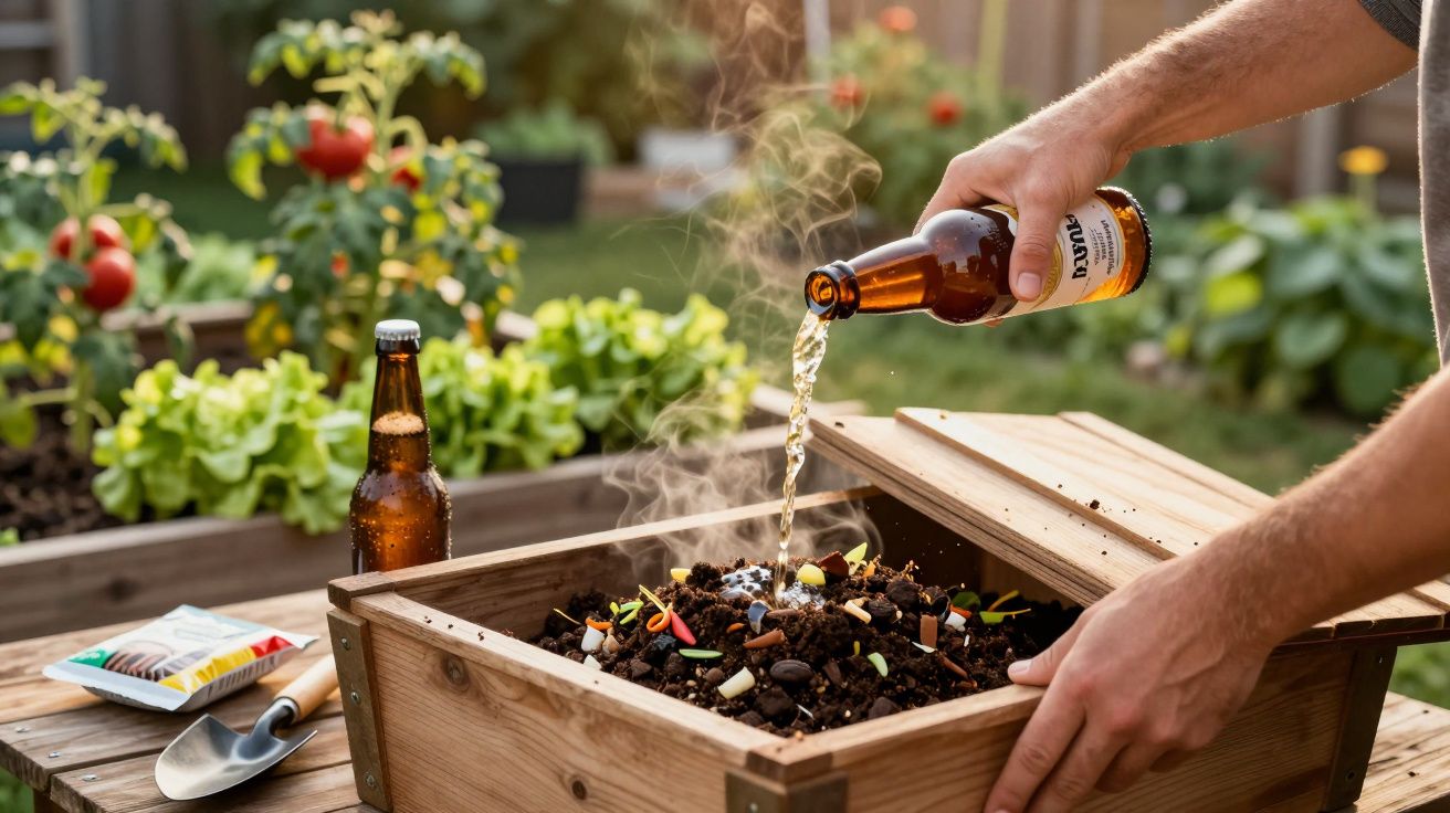 Pessoa regando minhocas em composteira de madeira com líquido de garrafa de cerveja no jardim.