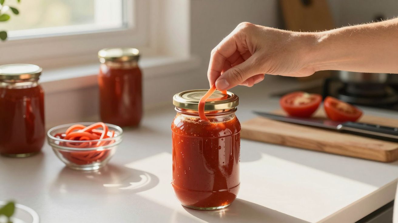 Pessoa abrindo um vidro de molho de tomate na cozinha com outros potes e tomates cortados ao fundo.