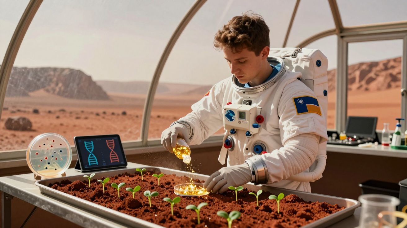 Astronauta analisando plantas em laboratório futurista com vista para deserto marciano.