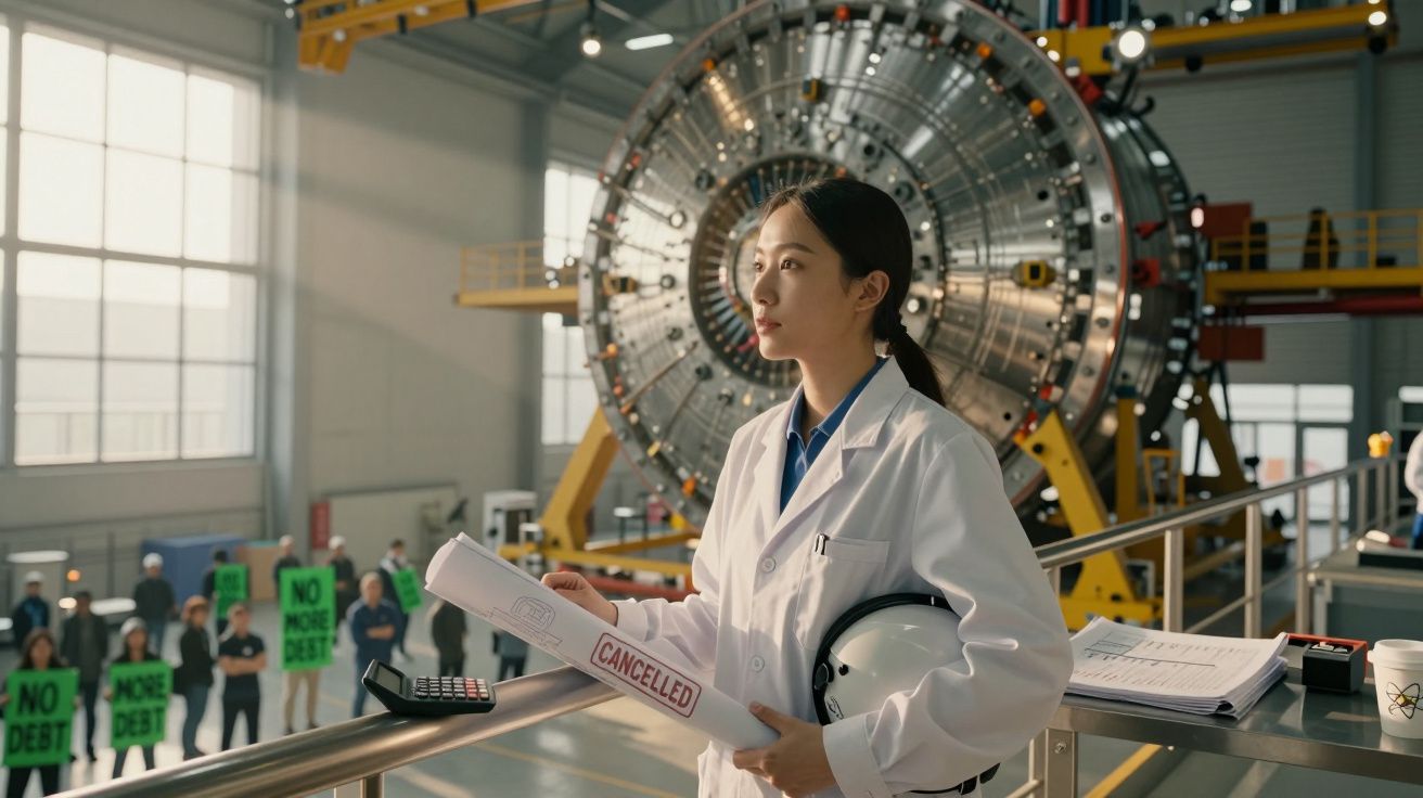 Mulher cientista de jaleco branco segura capacete e projeto cancelado em laboratório com grupo segurando cartazes.