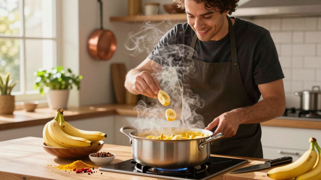 Homem sorridente adiciona fatias de banana em panela com vapor na cozinha moderna.