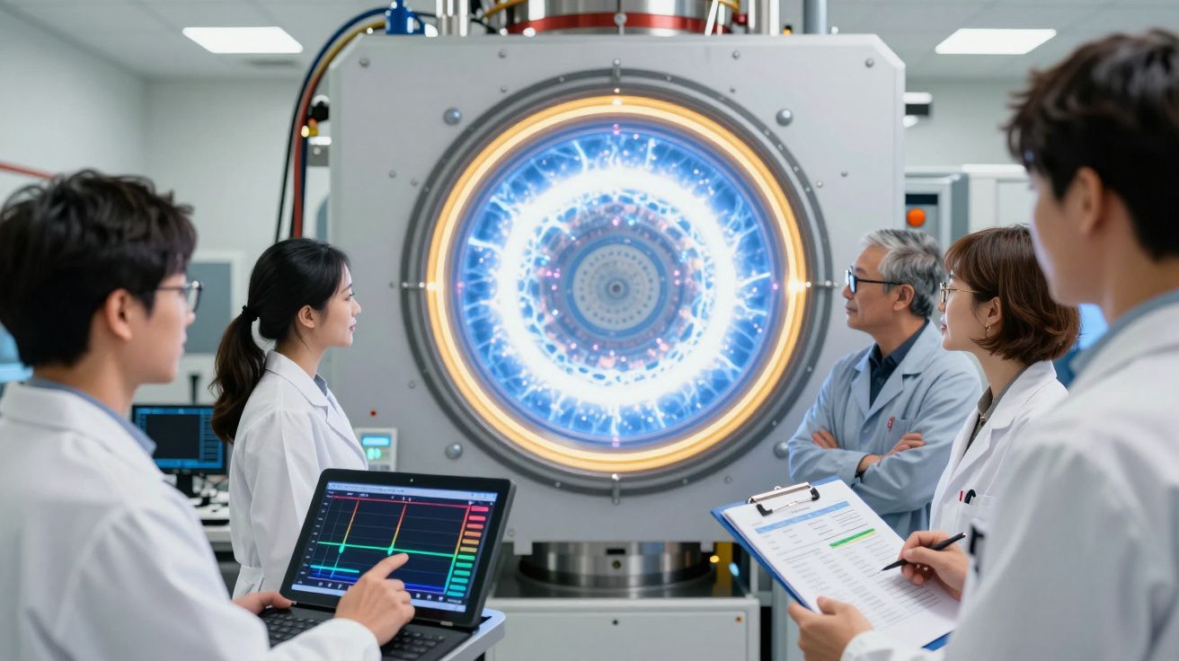 Equipe de cientistas em laboratório observando máquina futurística com energia em forma de anel brilhante.