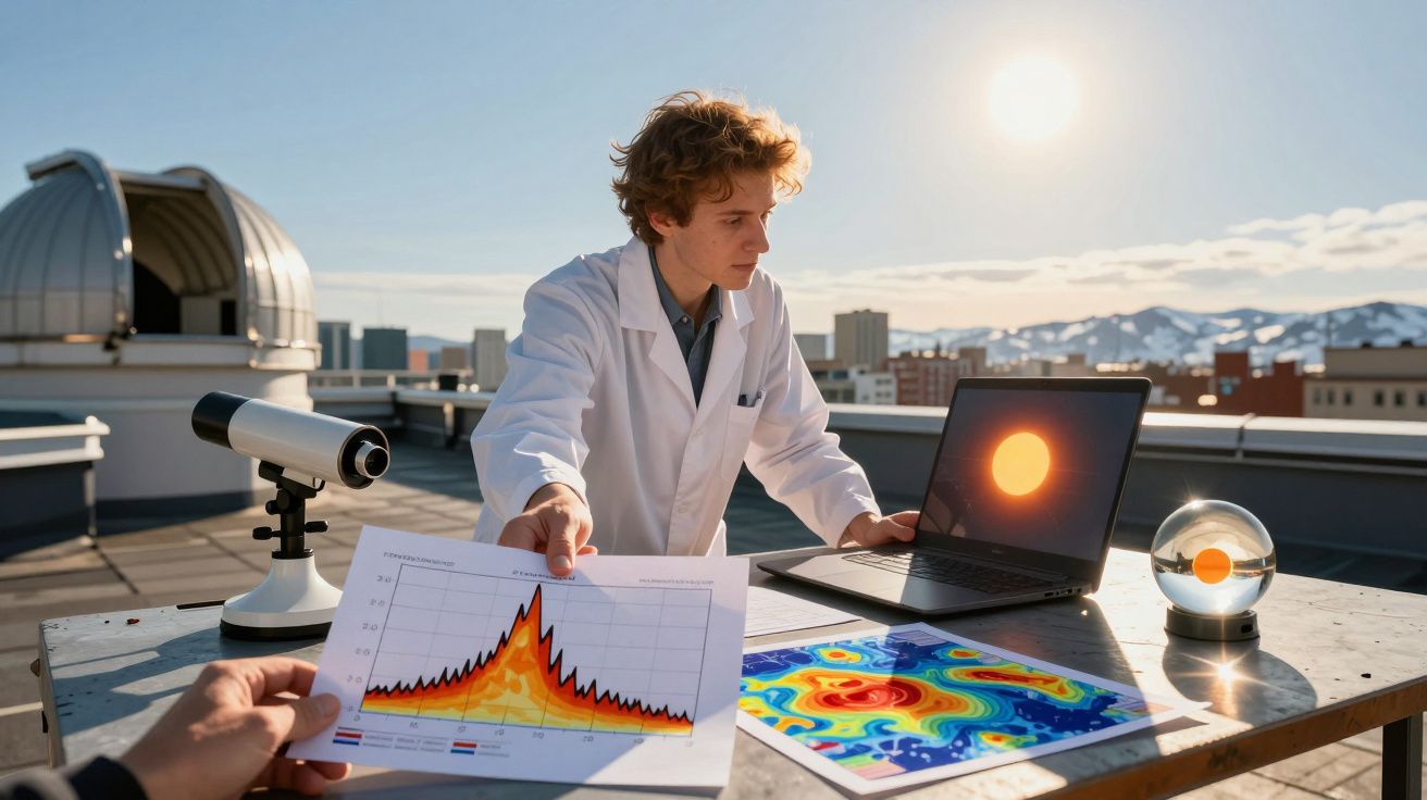 Jovem cientista observa gráficos e imagens do sol em laptop, com telescópio e equipamento astronômico ao fundo.