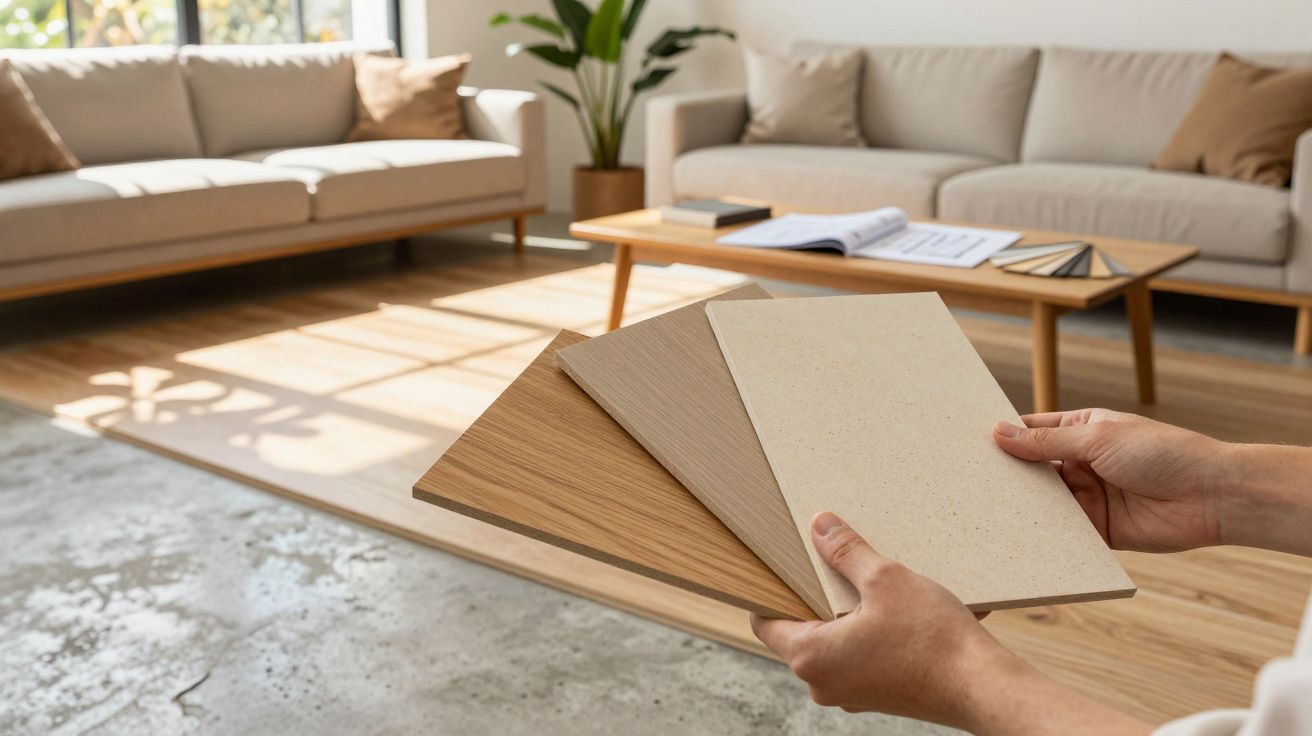Mãos segurando amostras de revestimento de madeira com sala de estar moderna ao fundo.