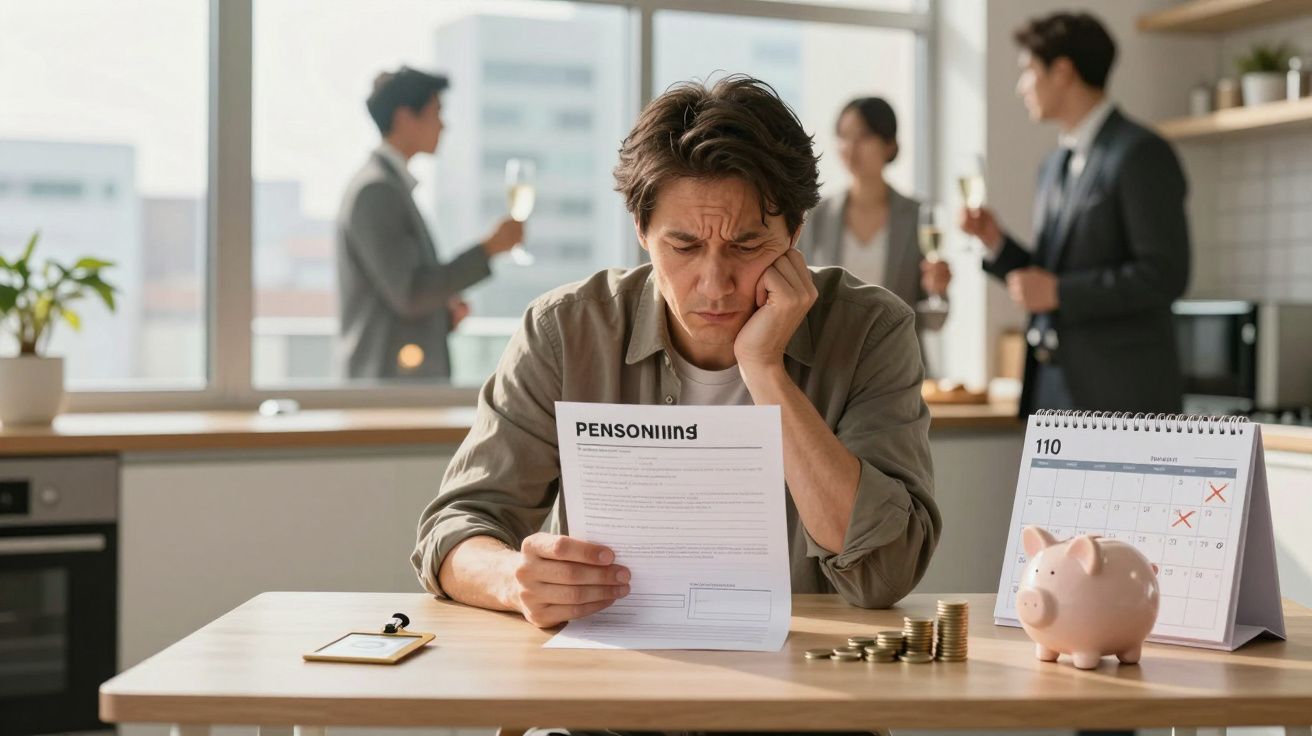 Homem preocupado lendo documento sobre pensão sentado à mesa com cofrinho, moedas e calendário.