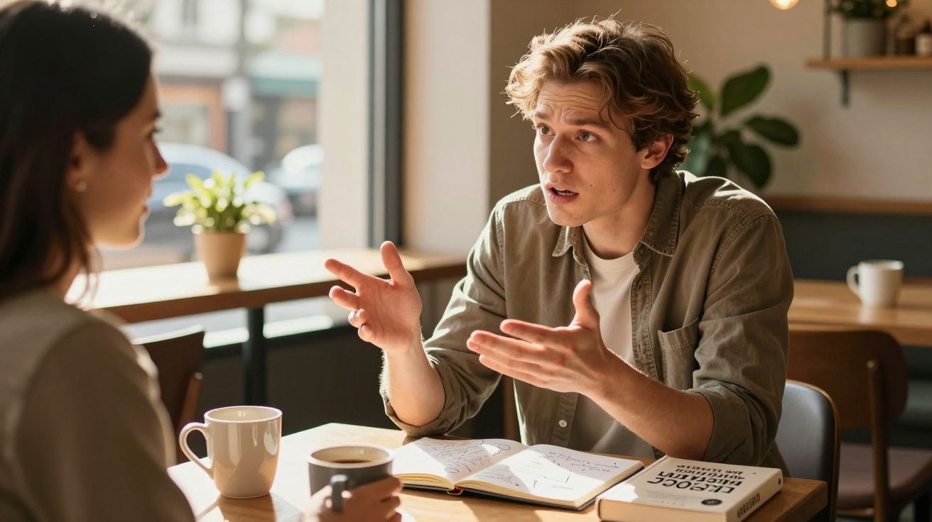 Jovem falando com uma mulher em café, com xícaras, livro e caderno sobre a mesa.
