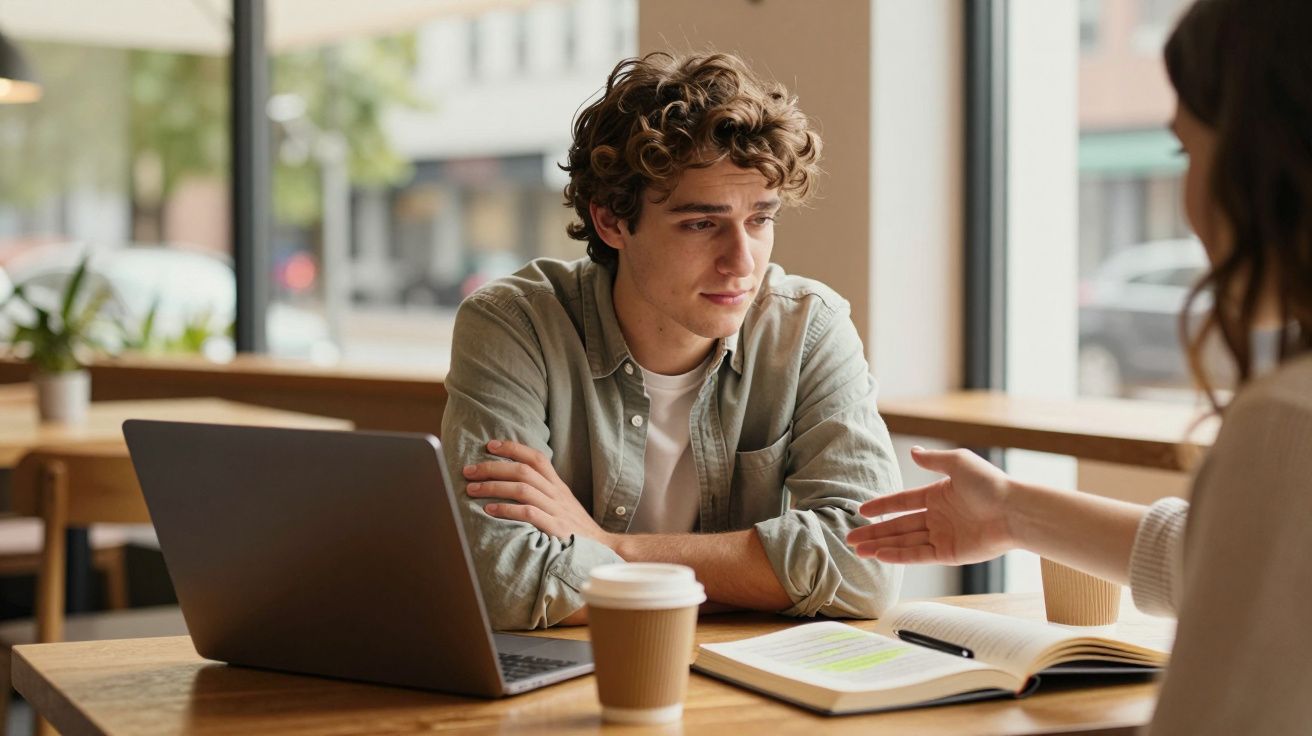 Homem com expressão preocupada ouvindo mulher durante conversa em café com laptop e livros à mesa.