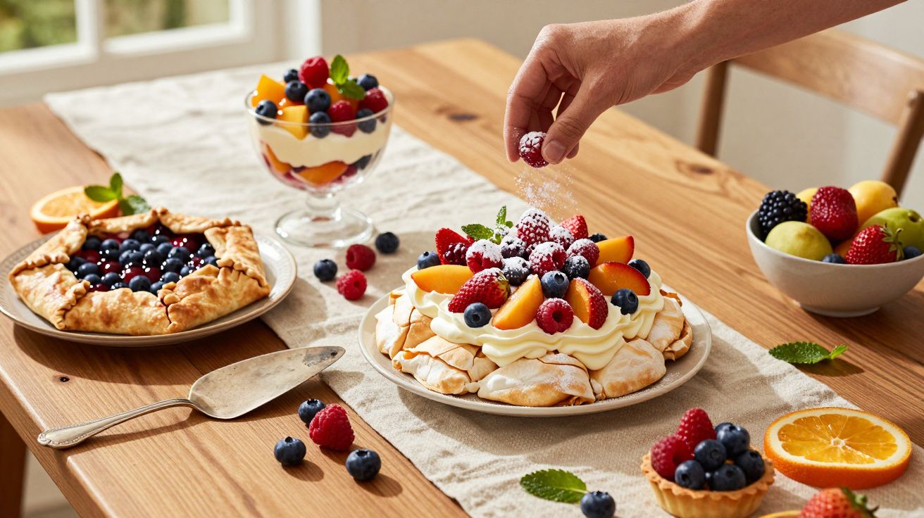 Bolo decorado com frutas vermelhas, pêssegos e creme, sendo polvilhado açúcar de confeiteiro.