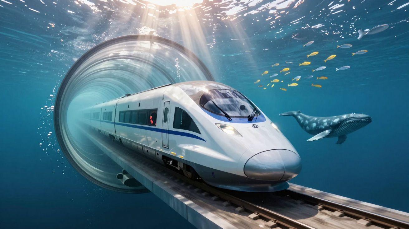 Trem de alta velocidade passando por túnel subaquático com peixes e uma baleia ao fundo.