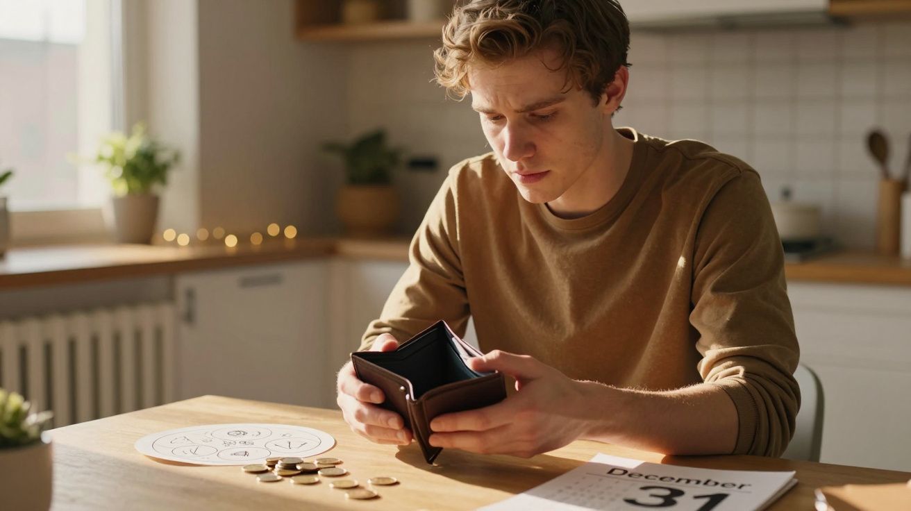 Homem jovem sentado à mesa, segurando carteira vazia com moedas ao lado e calendário marcando 31 de dezembro.