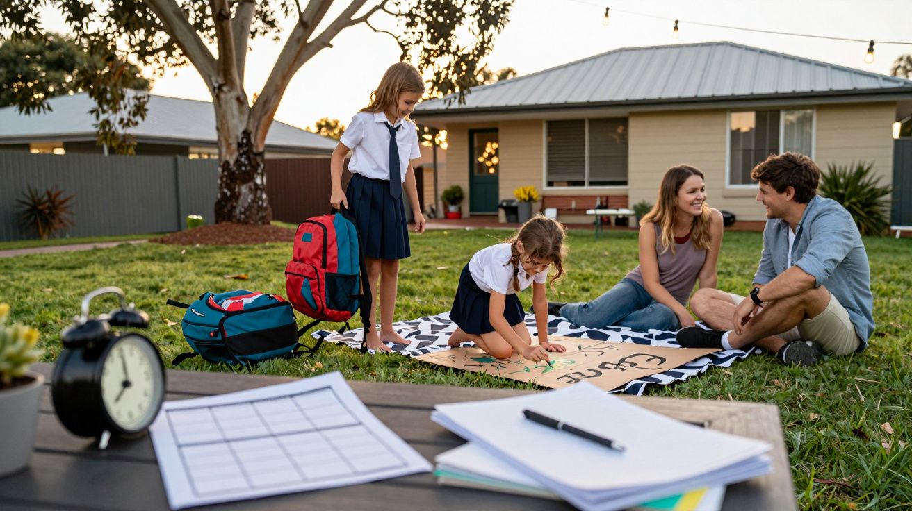 Família com duas crianças em uniforme escolar brincando no jardim de casa ao entardecer.